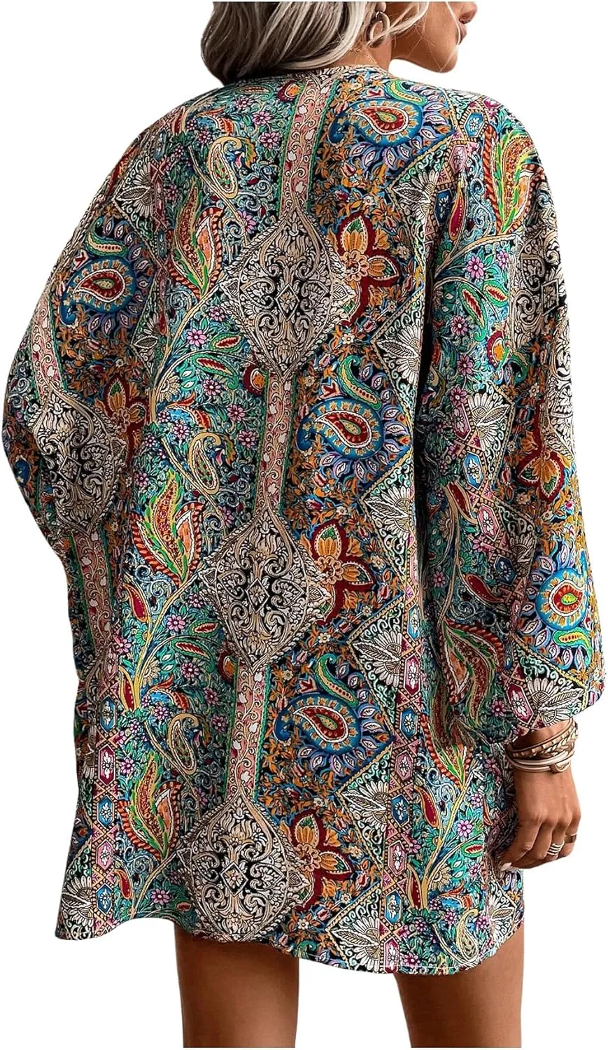 Verdusa Women's Boho Paisley Print Open Front Cover Up Long Sleeve Oversized Kimono