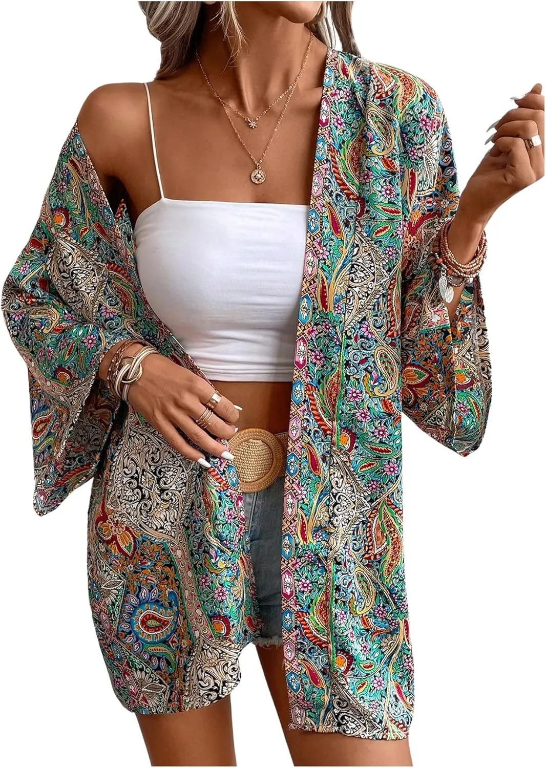Verdusa Women's Boho Paisley Print Open Front Cover Up Long Sleeve Oversized Kimono