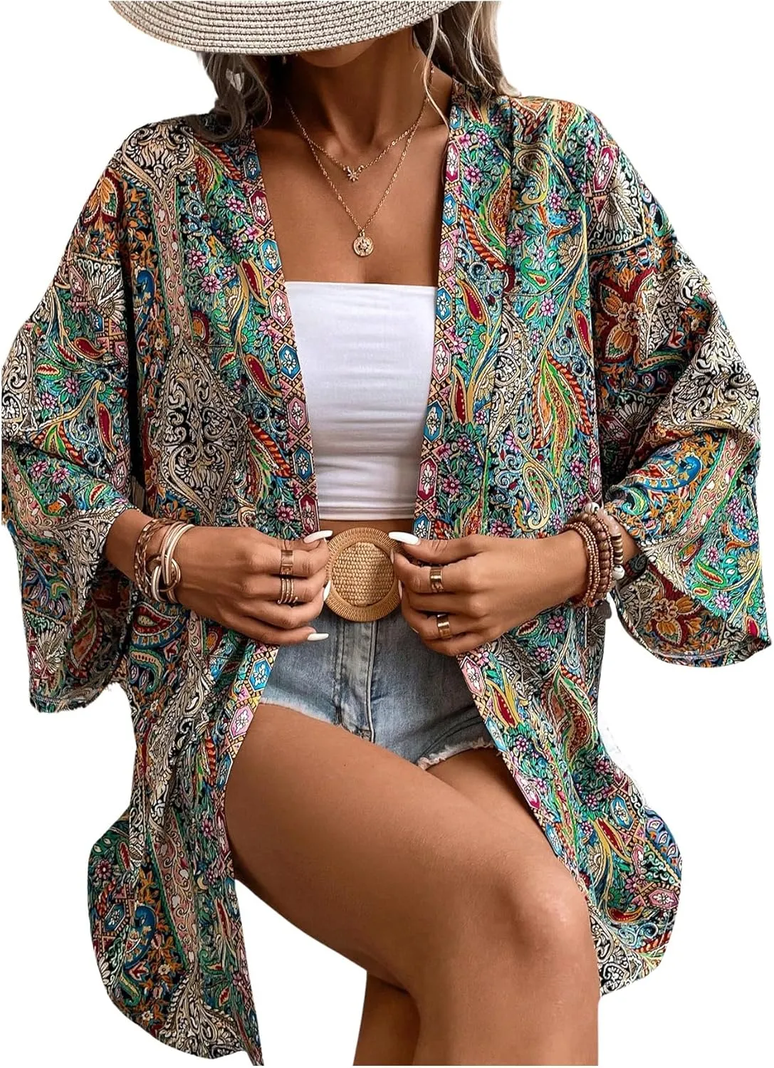 Verdusa Women's Boho Paisley Print Open Front Cover Up Long Sleeve Oversized Kimono