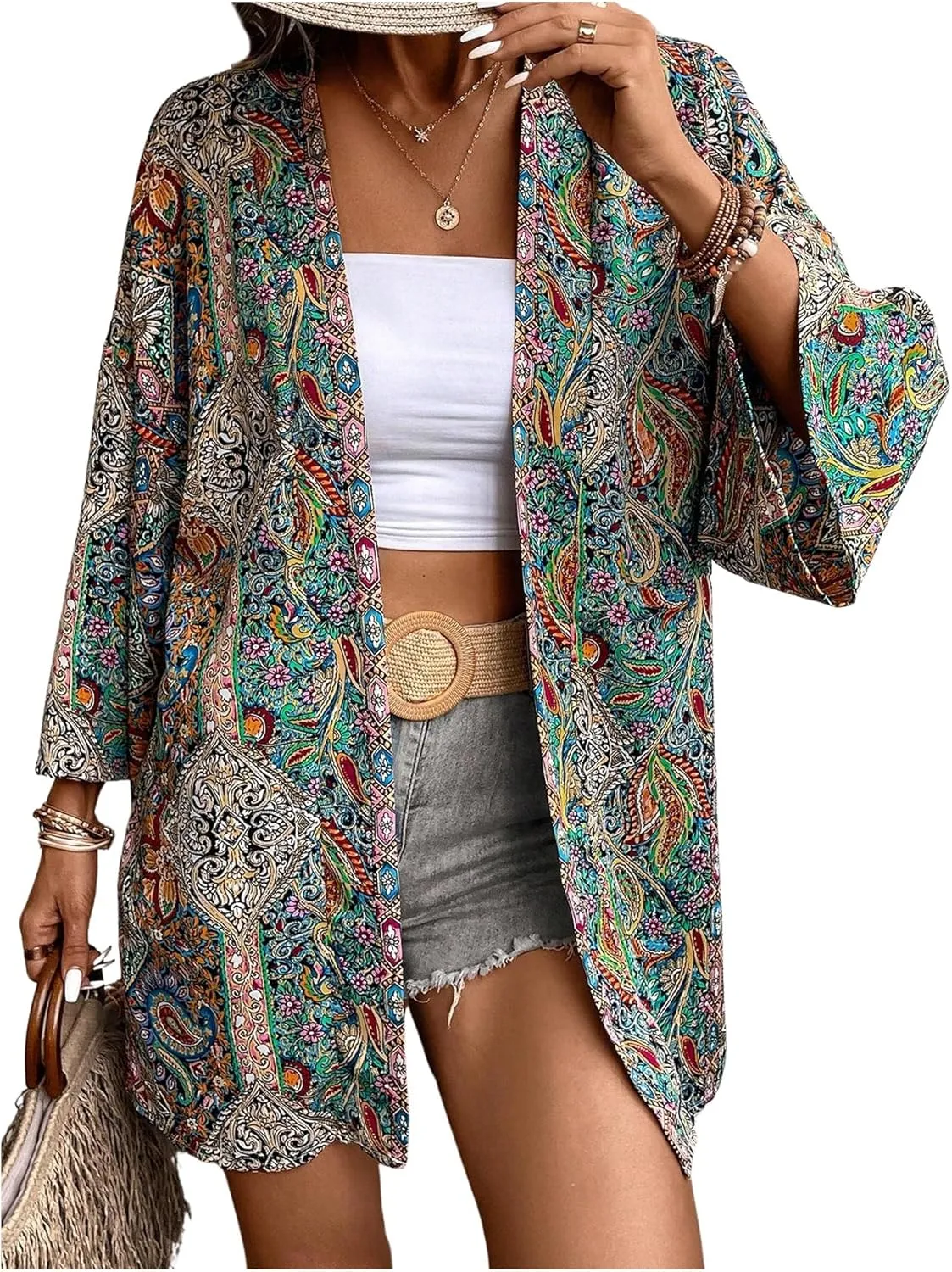 Verdusa Women's Boho Paisley Print Open Front Cover Up Long Sleeve Oversized Kimono