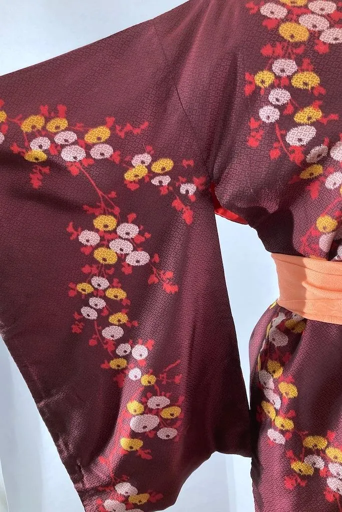 Vintage 1940s Maroon Abstract Floral Kimono