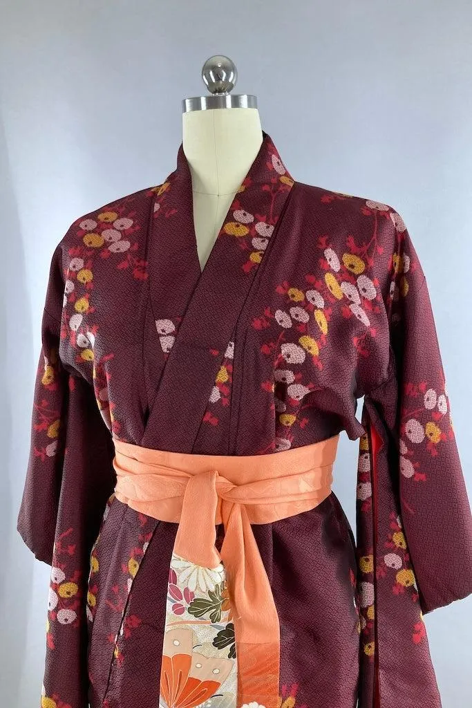 Vintage 1940s Maroon Abstract Floral Kimono