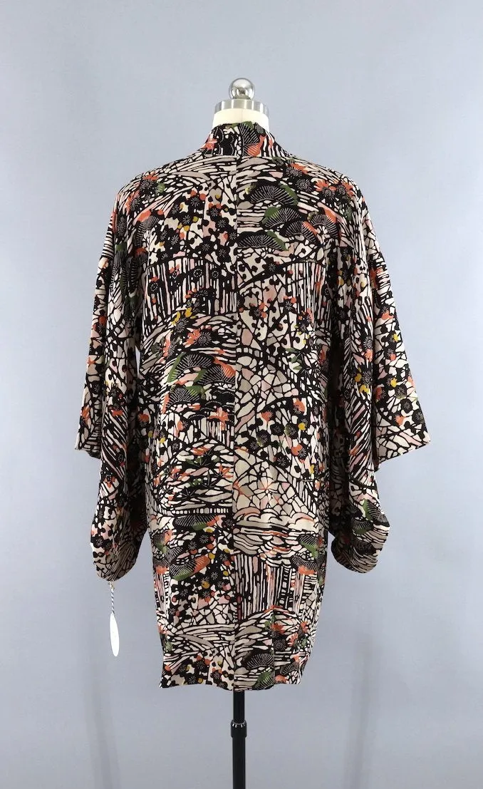 Vintage 1940s Silk Kimono Cardigan Jacket / Abstract Floral