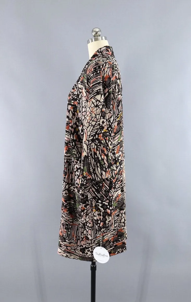 Vintage 1940s Silk Kimono Cardigan Jacket / Abstract Floral