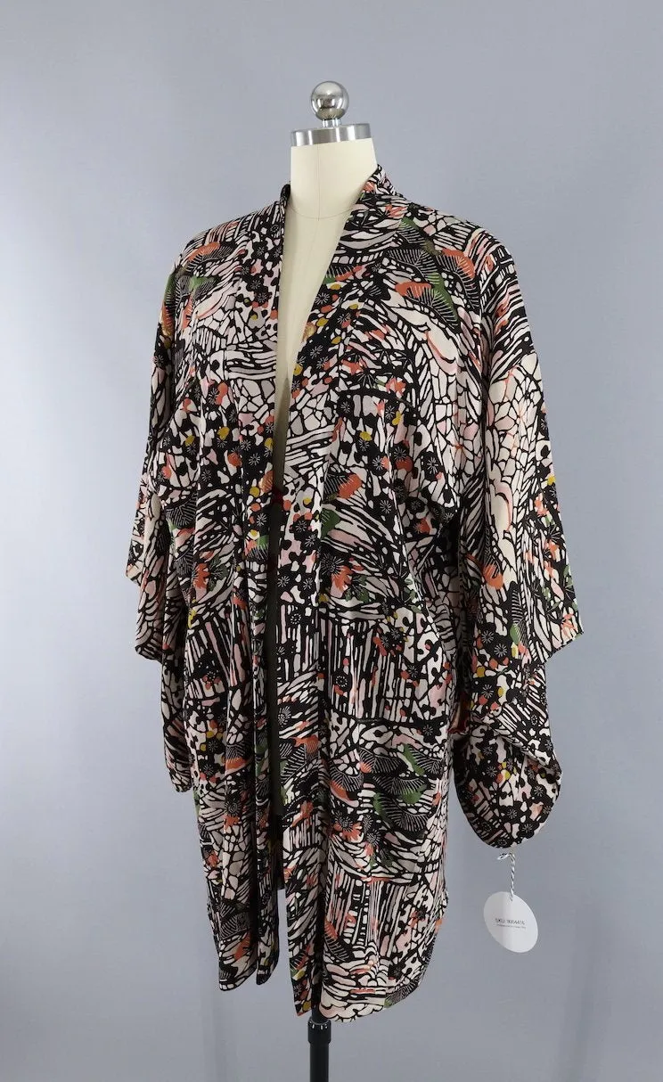 Vintage 1940s Silk Kimono Cardigan Jacket / Abstract Floral