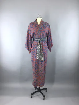 Vintage 1940s Vintage Silk Kimono Robe / Brown & Blue Floral Print