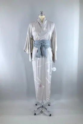 Vintage Grey Silk Floral Vases Kimono Robe