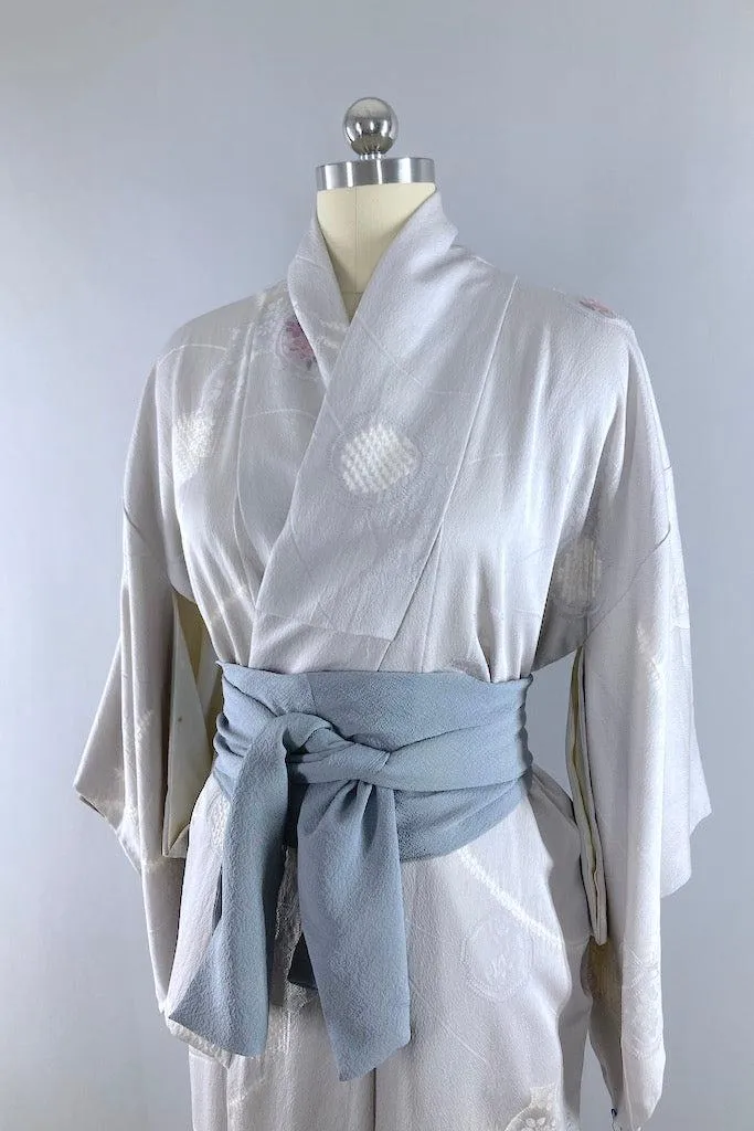 Vintage Grey Silk Floral Vases Kimono Robe