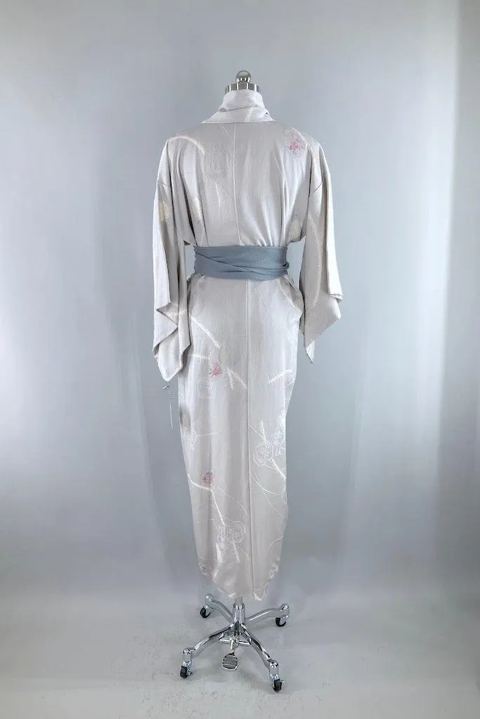 Vintage Grey Silk Floral Vases Kimono Robe