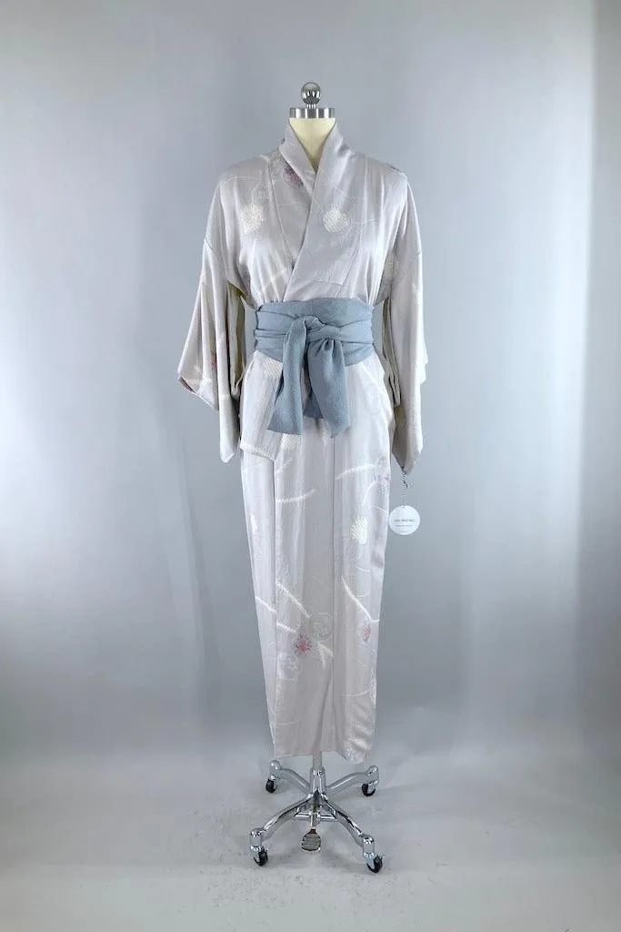 Vintage Grey Silk Floral Vases Kimono Robe