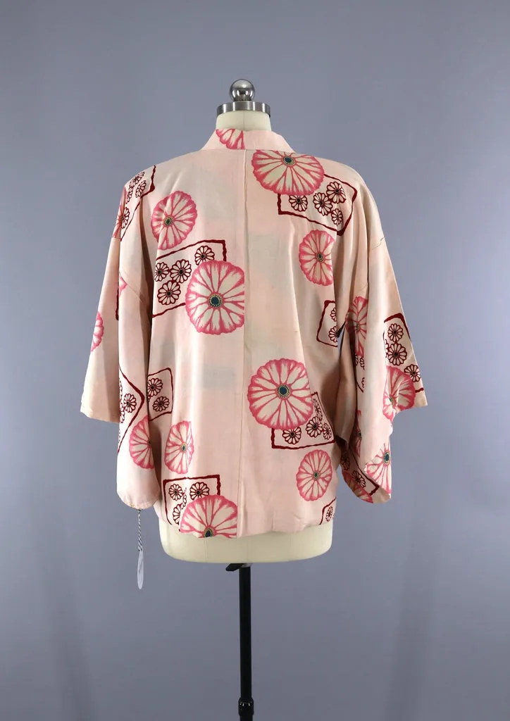 Vintage Kimono Cardigan / Pale Pastel Pink Mod Floral Print