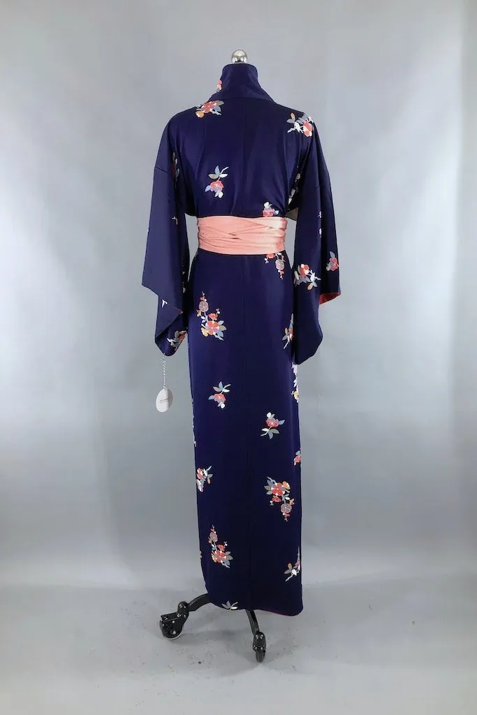 Vintage Navy Blue Floral Silk Kimono Robe