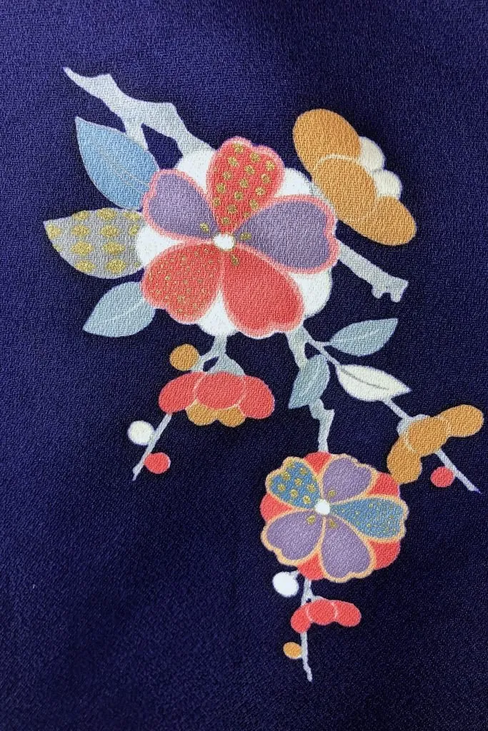 Vintage Navy Blue Floral Silk Kimono Robe