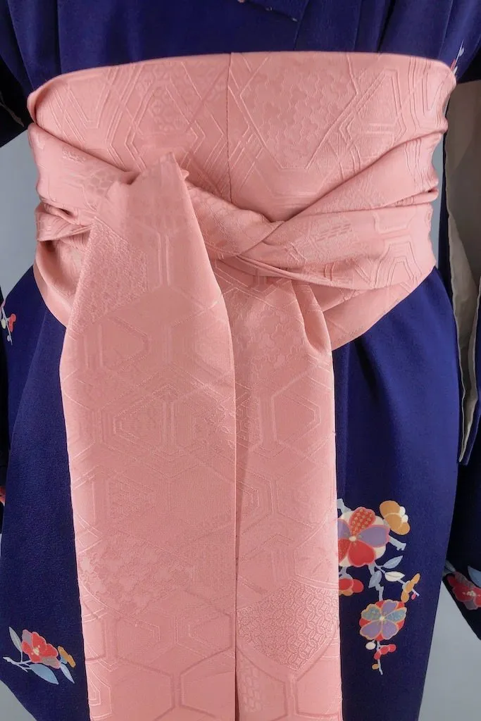 Vintage Navy Blue Floral Silk Kimono Robe