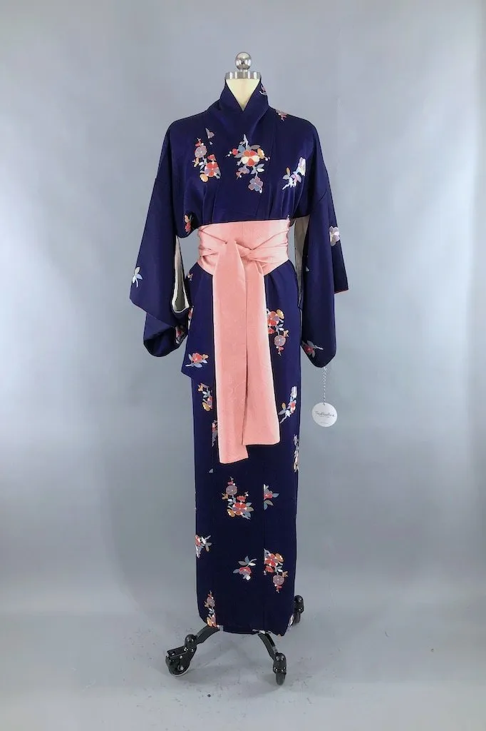 Vintage Navy Blue Floral Silk Kimono Robe