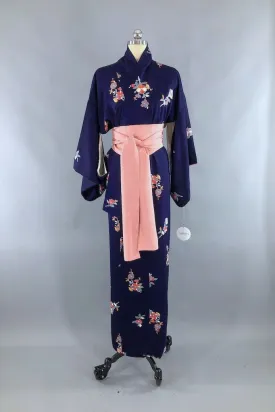 Vintage Navy Blue Floral Silk Kimono Robe