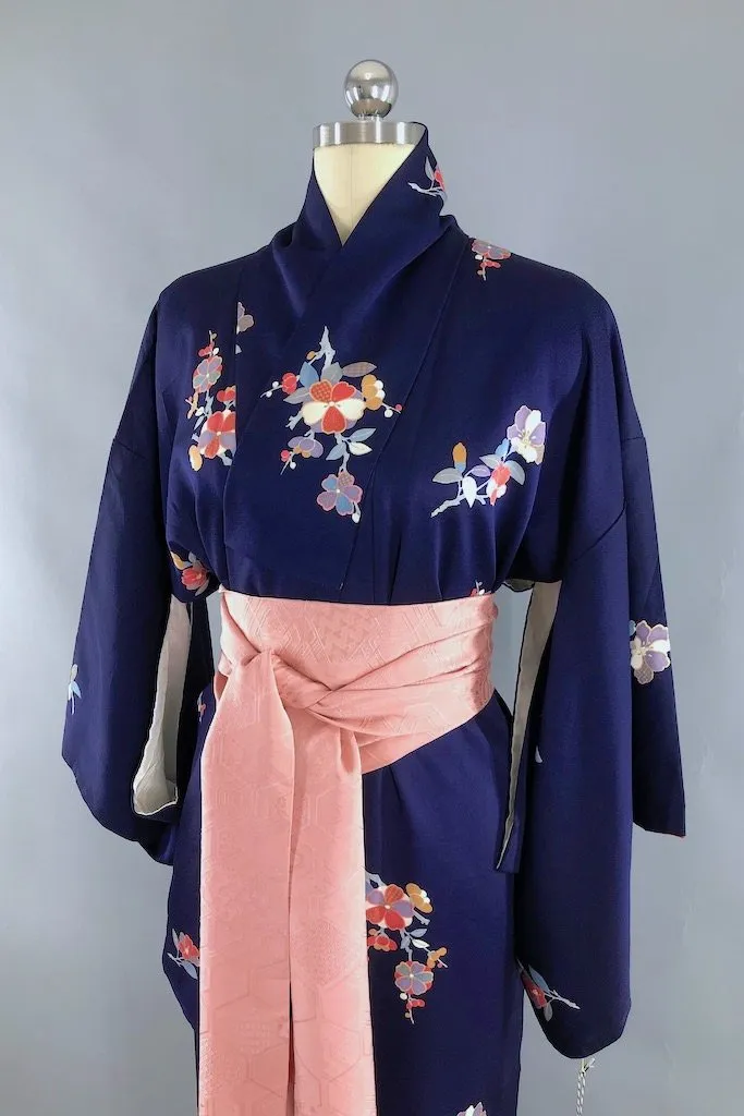 Vintage Navy Blue Floral Silk Kimono Robe