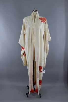 Vintage Silk Kimono Robe / Ivory Orchids Floral Print