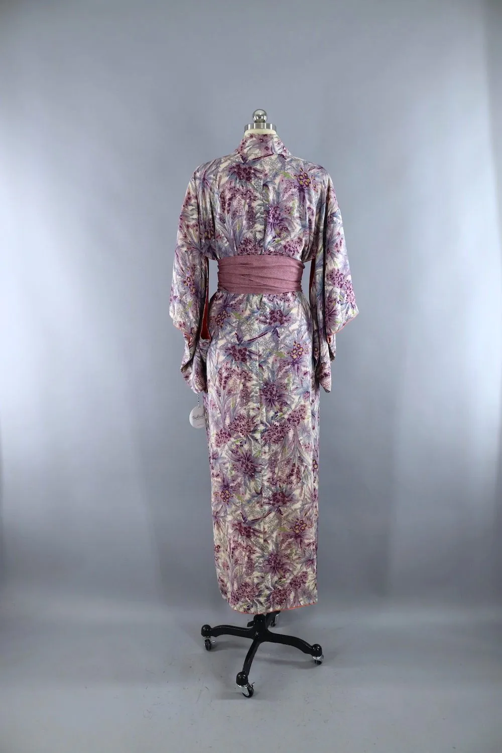 Vintage Silk Kimono Robe / Purple Floral Print