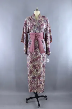 Vintage Silk Kimono Robe / Purple Floral Print