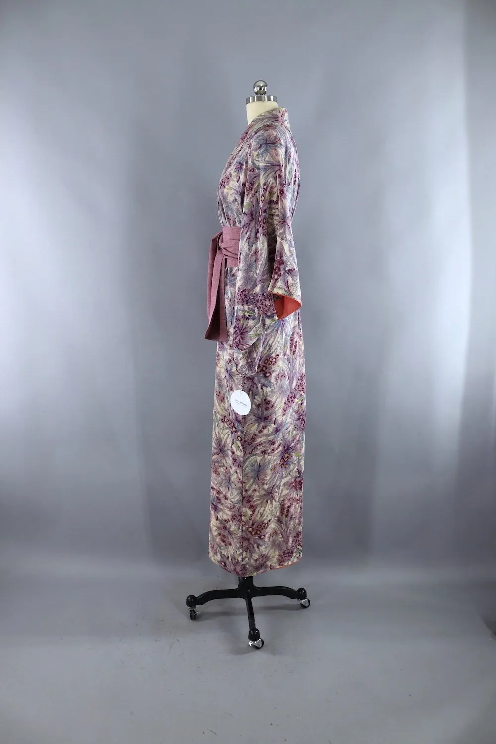 Vintage Silk Kimono Robe / Purple Floral Print