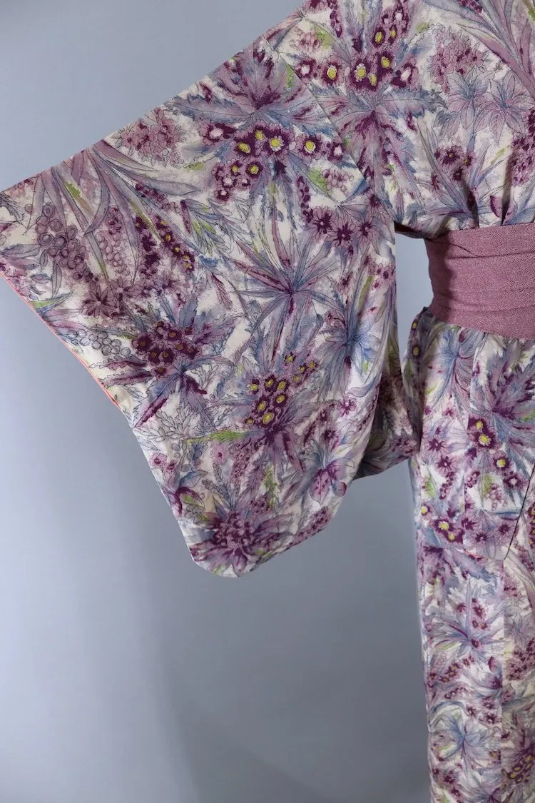 Vintage Silk Kimono Robe / Purple Floral Print