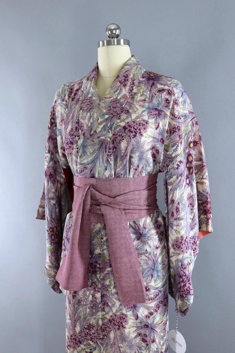 Vintage Silk Kimono Robe / Purple Floral Print