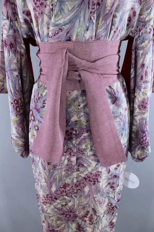 Vintage Silk Kimono Robe / Purple Floral Print