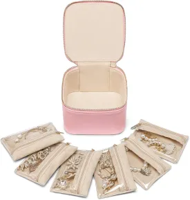 Vlando Travel Jewelry Box for Women,Faux Leather Jewelry Case with 6 Velvet Jewelry Zipper Pockets,Gift Ideas for Women Wife Earrings Necklace Rings Storage Boxes(Strawberry Pink)