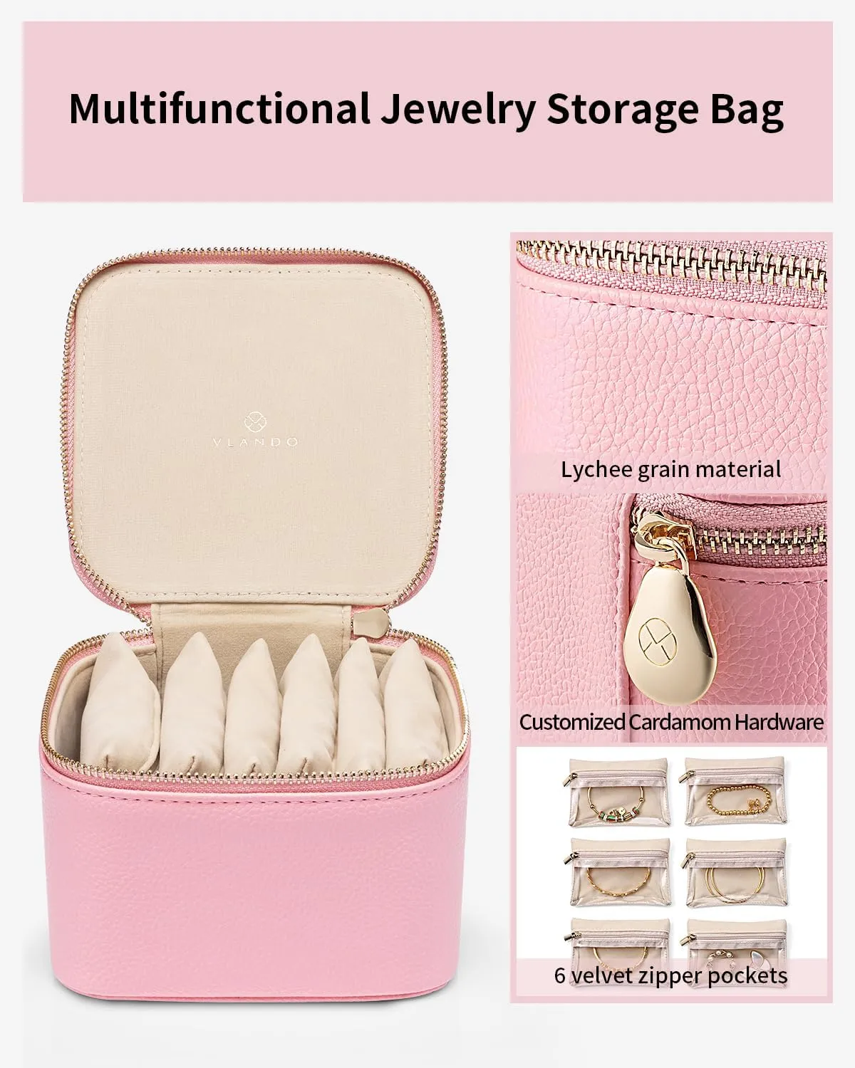 Vlando Travel Jewelry Box for Women,Faux Leather Jewelry Case with 6 Velvet Jewelry Zipper Pockets,Gift Ideas for Women Wife Earrings Necklace Rings Storage Boxes(Strawberry Pink)