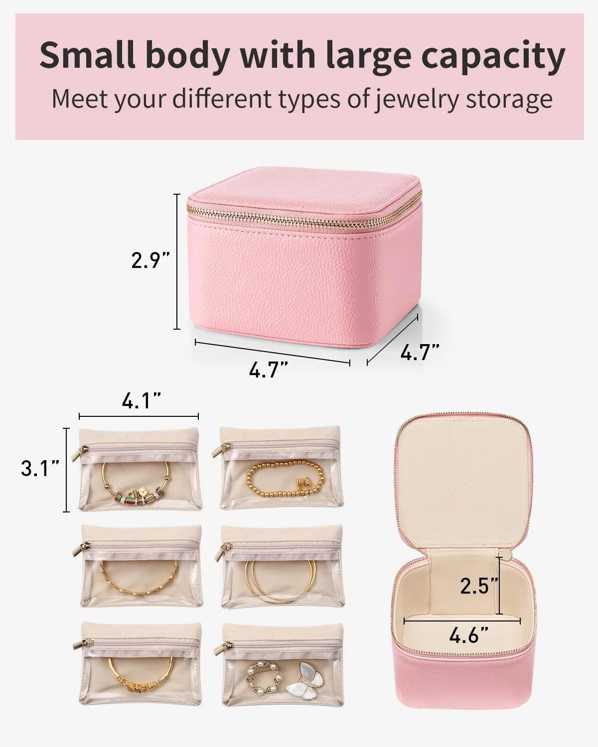 Vlando Travel Jewelry Box for Women,Faux Leather Jewelry Case with 6 Velvet Jewelry Zipper Pockets,Gift Ideas for Women Wife Earrings Necklace Rings Storage Boxes(Strawberry Pink)