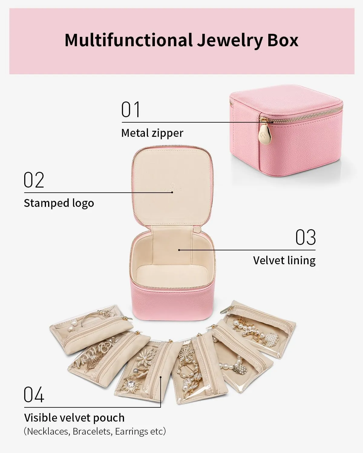 Vlando Travel Jewelry Box for Women,Faux Leather Jewelry Case with 6 Velvet Jewelry Zipper Pockets,Gift Ideas for Women Wife Earrings Necklace Rings Storage Boxes(Strawberry Pink)