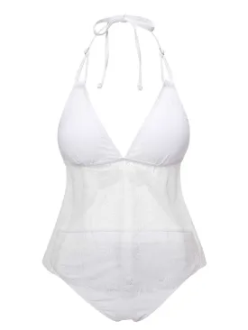 White 1930s Halter Backless Solid Swimsuit