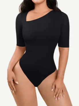 Wholesale Tank Top Tight Thong Bodysuit With A Slant Cut Collar And Half Sleeves
