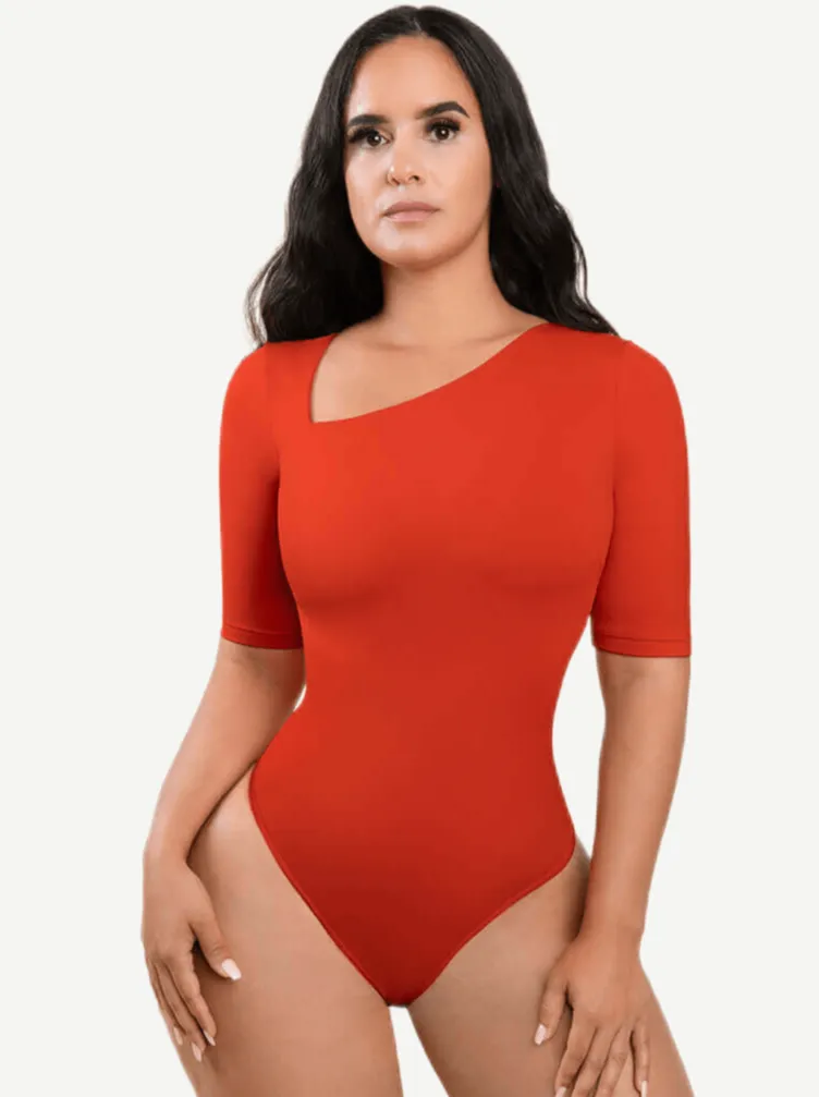 Wholesale Tank Top Tight Thong Bodysuit With A Slant Cut Collar And Half Sleeves
