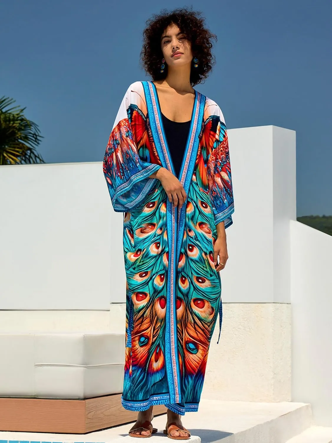 Women Casual Open Front Lightweight Cardigan Long Beach Kimono Cover Up