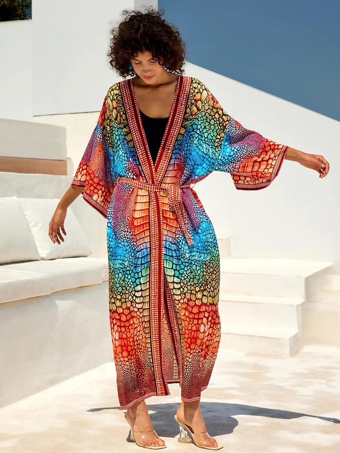 Women Casual Open Front Lightweight Cardigan Long Beach Kimono Cover Up
