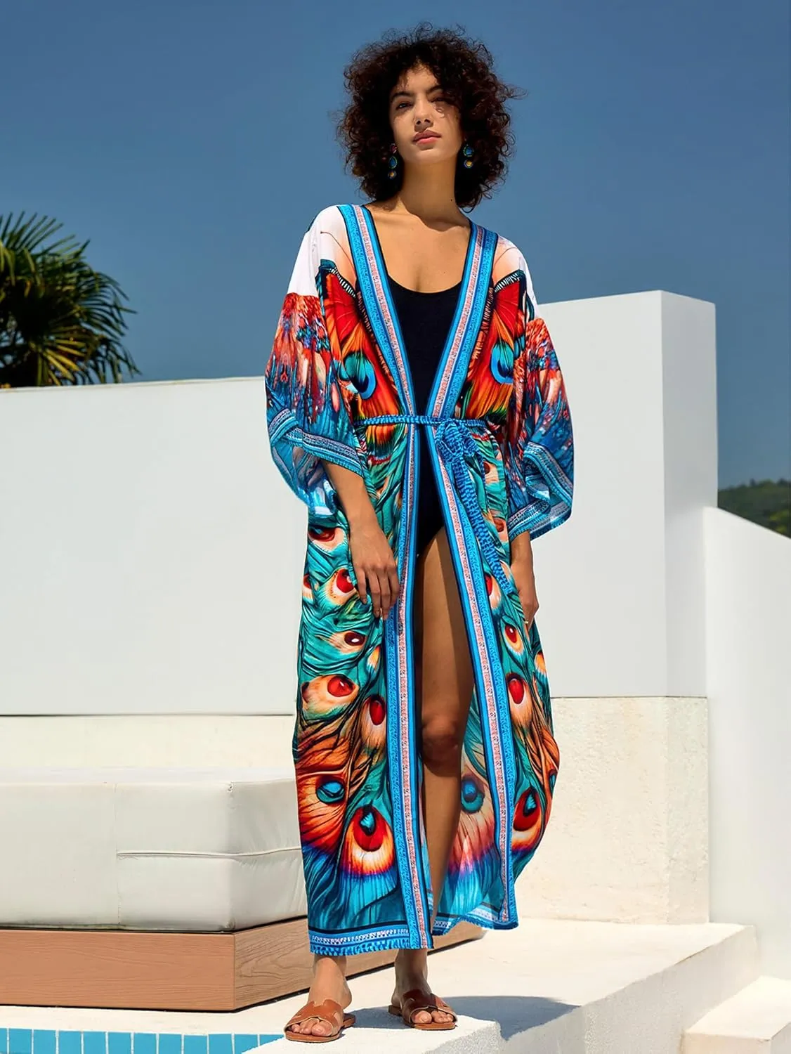Women Casual Open Front Lightweight Cardigan Long Beach Kimono Cover Up