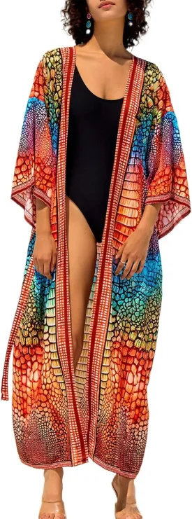 Women Casual Open Front Lightweight Cardigan Long Beach Kimono Cover Up