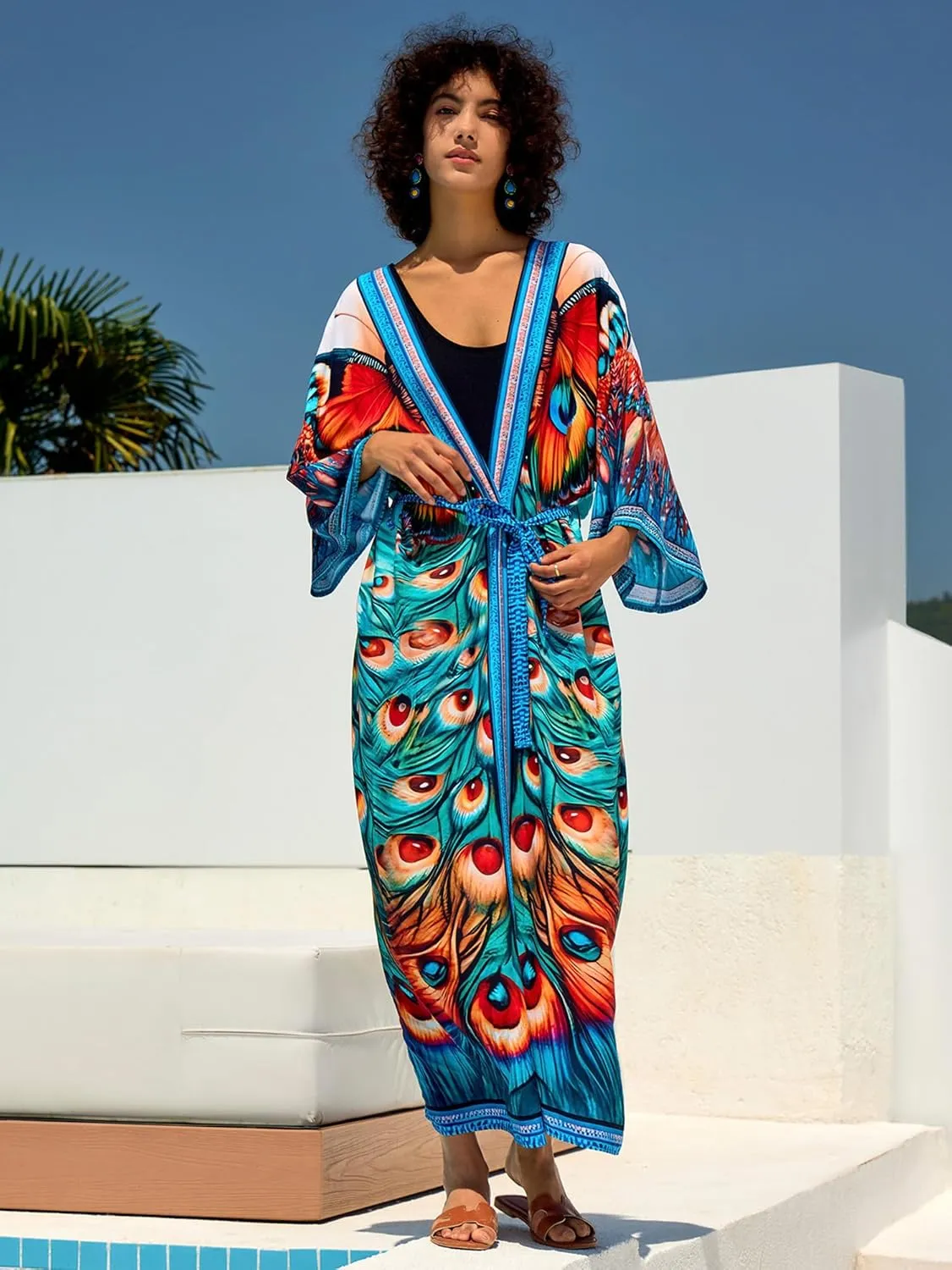 Women Casual Open Front Lightweight Cardigan Long Beach Kimono Cover Up