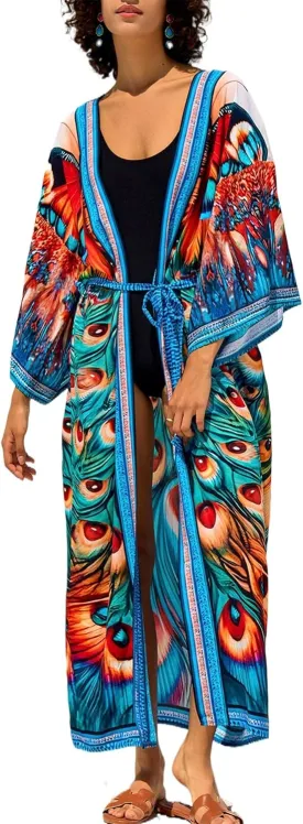 Women Casual Open Front Lightweight Cardigan Long Beach Kimono Cover Up