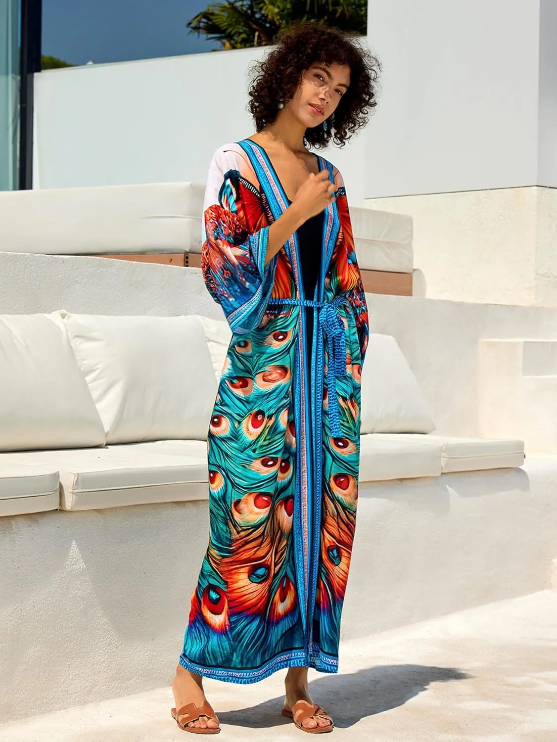Women Casual Open Front Lightweight Cardigan Long Beach Kimono Cover Up