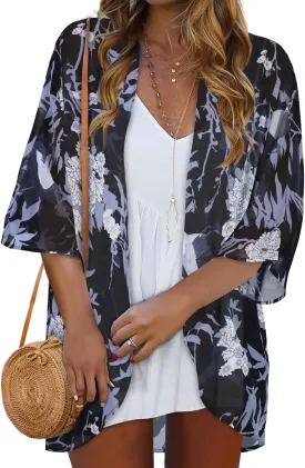 Women Kimono Cardigans Casual Summer Tops Cover up Open Front Floral Print Resort Wear