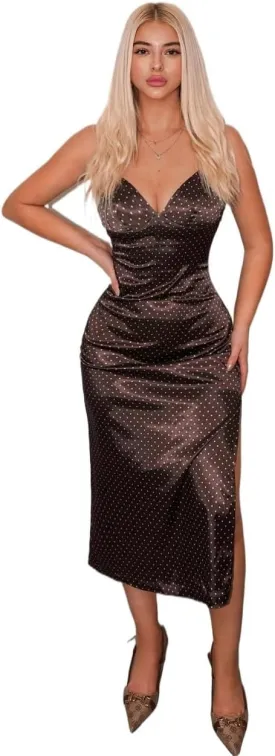 Women's 2025 Summer Plain Cami Slip Midi Dress Elegant Slit Satin Slip Dress