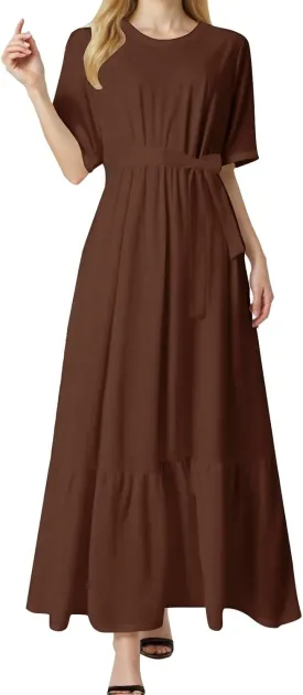 Women's Dresses Casual Summer Tiered Midi Dress Short Sleeve Belted Ruffle Babydoll Boho Sundress with Pockets