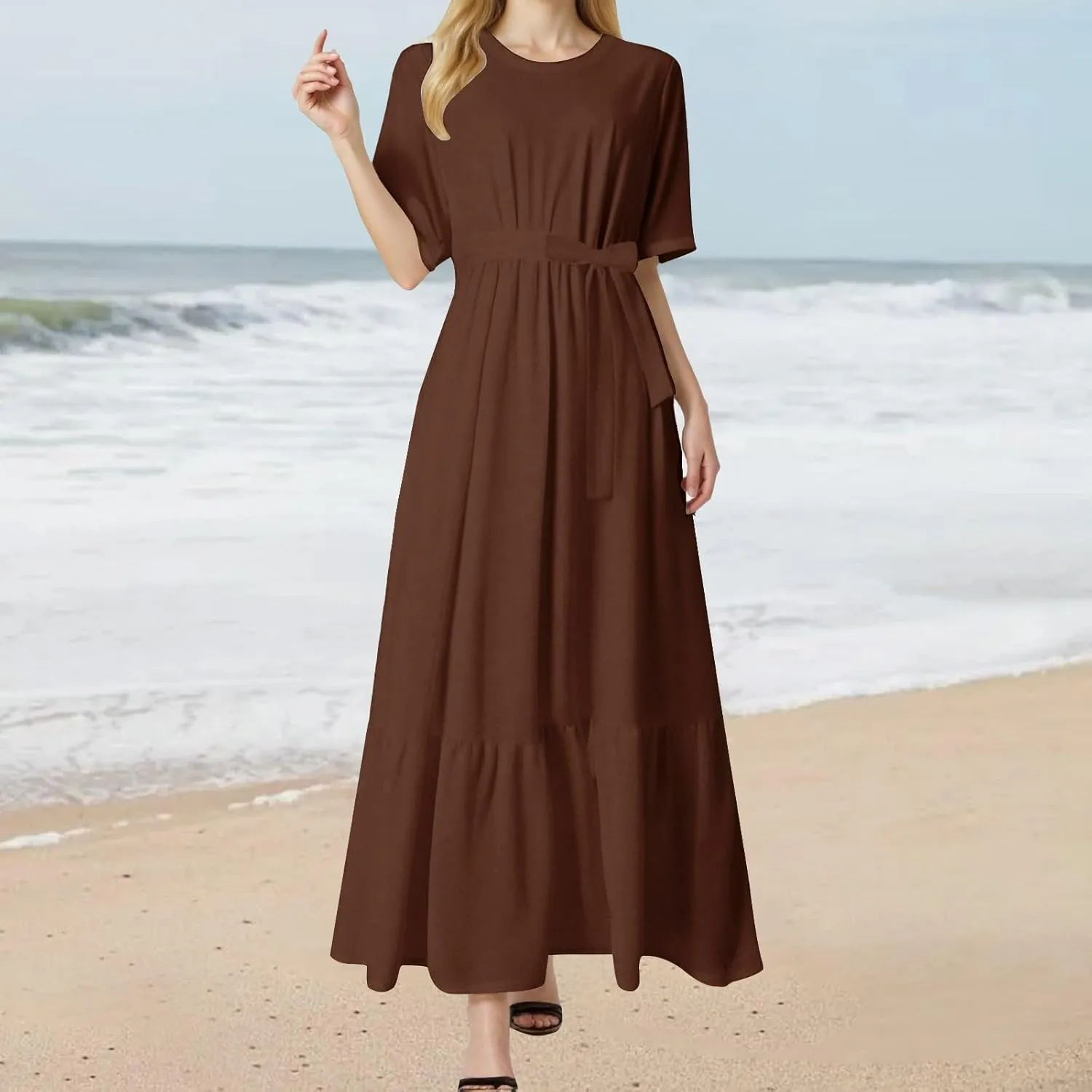 Women's Dresses Casual Summer Tiered Midi Dress Short Sleeve Belted Ruffle Babydoll Boho Sundress with Pockets