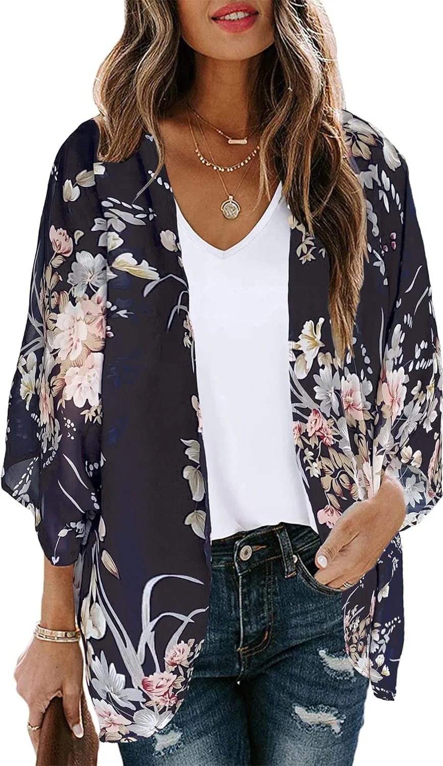 Women's Floral Print Puff Sleeve Kimono Cardigan Loose Cover Up Casual Blouse Tops