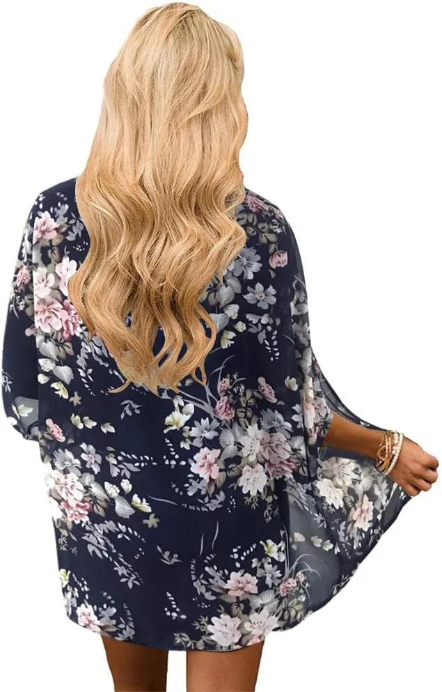 Women's Floral Print Puff Sleeve Kimono Cardigan Loose Cover Up Casual Blouse Tops
