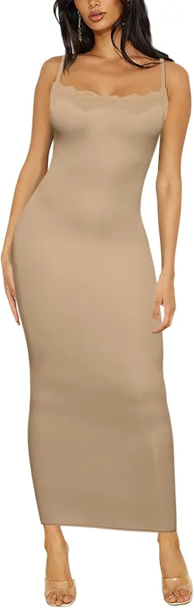 Women's Lace Long Slip Dress Sexy Sleeveless Spaghetti Strap Bodycon Maxi Dresses