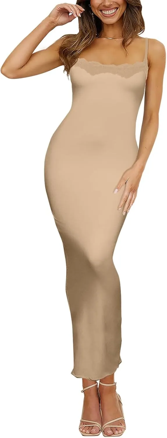 Women's Lace Long Slip Dress Sexy Sleeveless Spaghetti Strap Bodycon Maxi Dresses